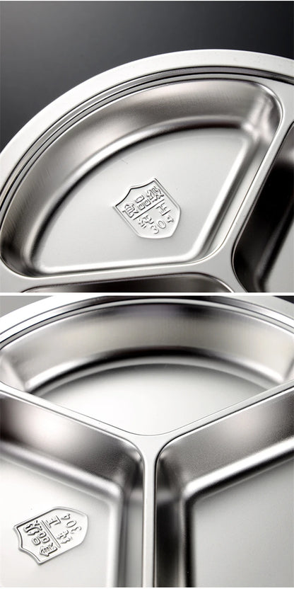 3 Grid Satinless Steel Food Plate Round School Kids Dish Trays Meal Sharing Dishes Set Service Table Student Main Dining Cutlery.