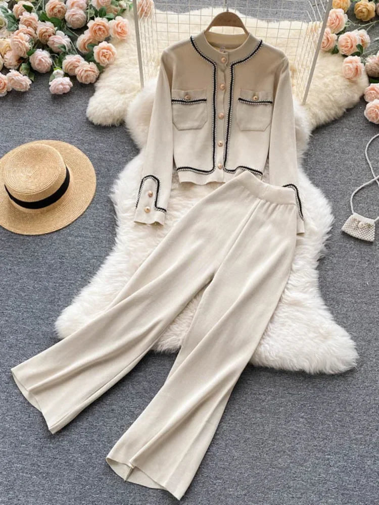 New Autumn Korean Fashion Casual Knit Two Piece Set Women Sweater Cardigan Crop Top + Wide Leg Pant Suits Tracksuit 2 Piece Sets.