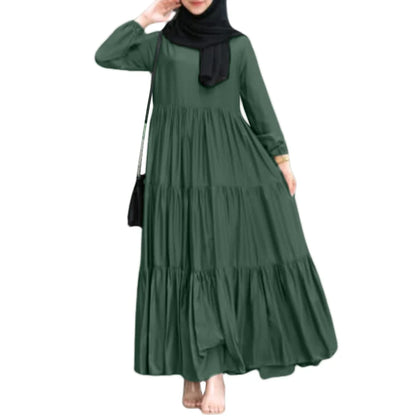 ZANZEA Muslim Fashion Tiered Long Dresses Women Islamic Hijab Style Casual Long Sleeve O Neck Maxi Vestidos Solid Abaya Robes