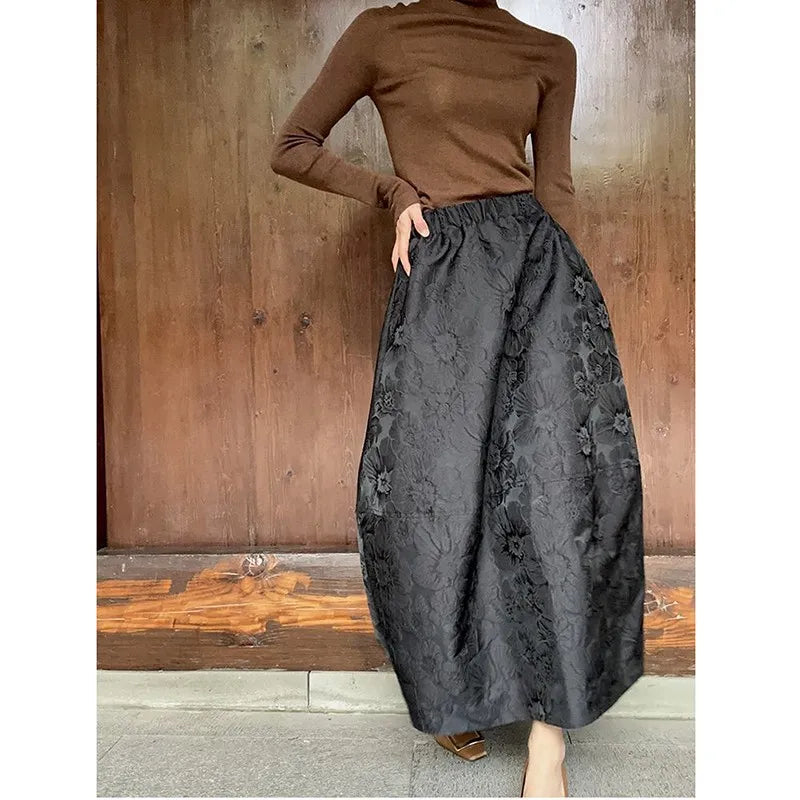 2024 New Arrival Spring/summer Arts Style Women Casual Loose Fit Elastic Waist A-line Jacquard Design Ankle-length Skirt P02.