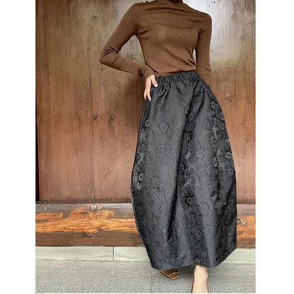 2024 New Arrival Spring/summer Arts Style Women Casual Loose Fit Elastic Waist A-line Jacquard Design Ankle-length Skirt P02.
