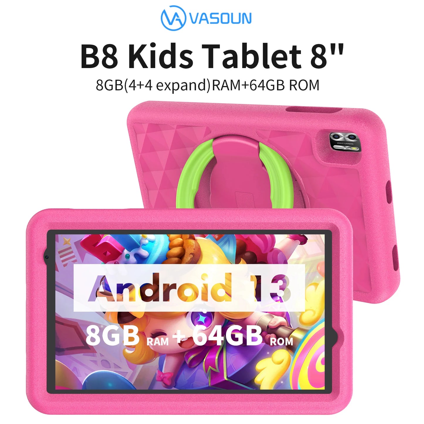 VASOUN Kids Tablet 8 Inch, Android 13 Quad Core, 8GB(4+4expand)RAM+64GB ROM, 5000mAh, Dual Camera, WiFi, Parental Control.