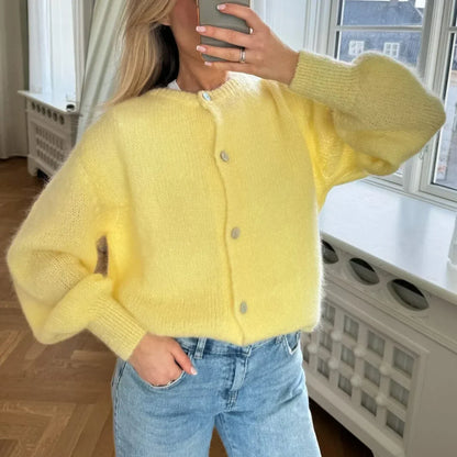 Women Solid Knitted Single Breasted Cardigan O-neck Long Sleeve Loose Soft Sweater 2024 Autumn Lady Knitwear ﻿.