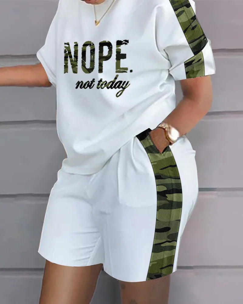 Women Casual Short Sleeve Outfit 2024 Summer Fashion Letter Printed O Neck Pocket Suit Female T Shirt Top Shorts Two Pieces Set.