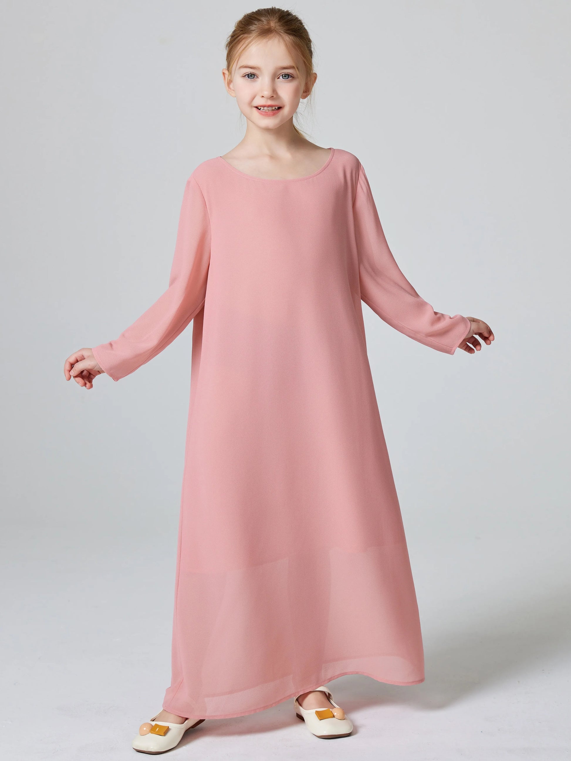 Ramadan Muslim Girls Long Sleeve Chiffon Kids Abaya 2PCS Dress Kebaya Casual Dresses For Party Ramadan Gift (Without Hijab).