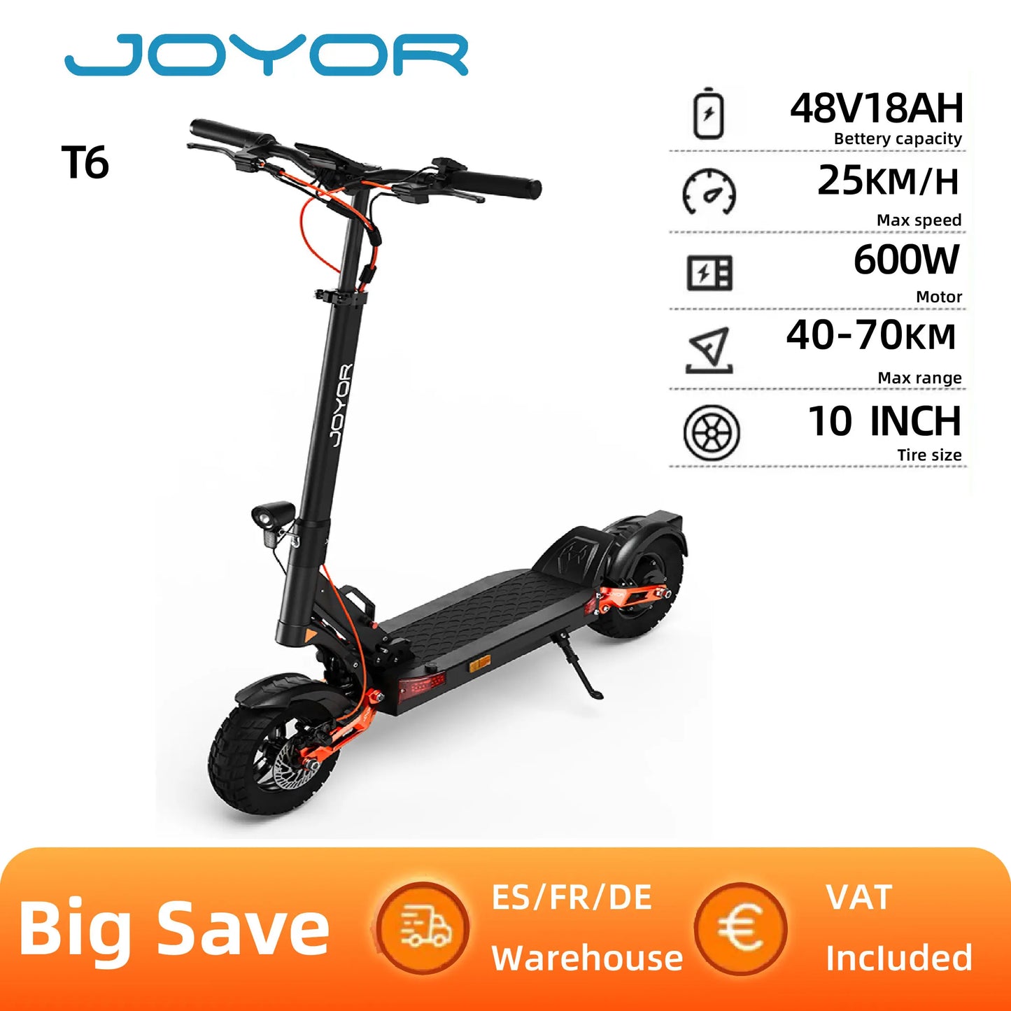 JOYOR T6 Adult Electric Scooter 600W Motor 48V18AH Battery E-Mountain Escooter 10" Off-Road Tire Foldable E-Scooter.