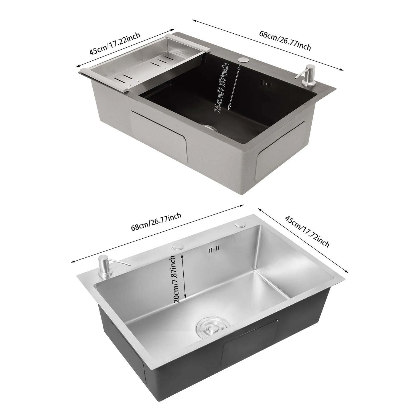 68 x 45 cm großes Waschbecken mit V-förmigem Abtropfkorb und Seifenspender, Anti-Überlauf-Küchenspüle, Edelstahlspüle