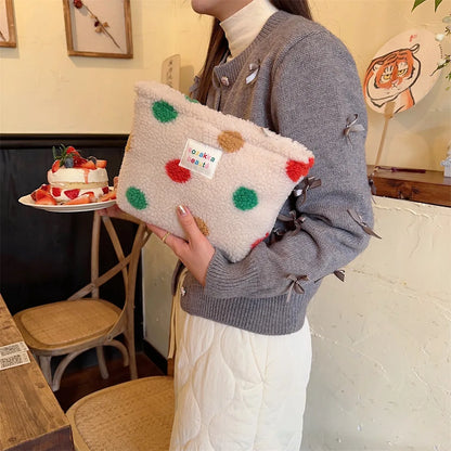 New Colorful Striped Dot Plush Clutch Cosmetic Bag Large Capacity Makeup Pouch Toiletries Bag Travel Outdoor Makeup Storage.