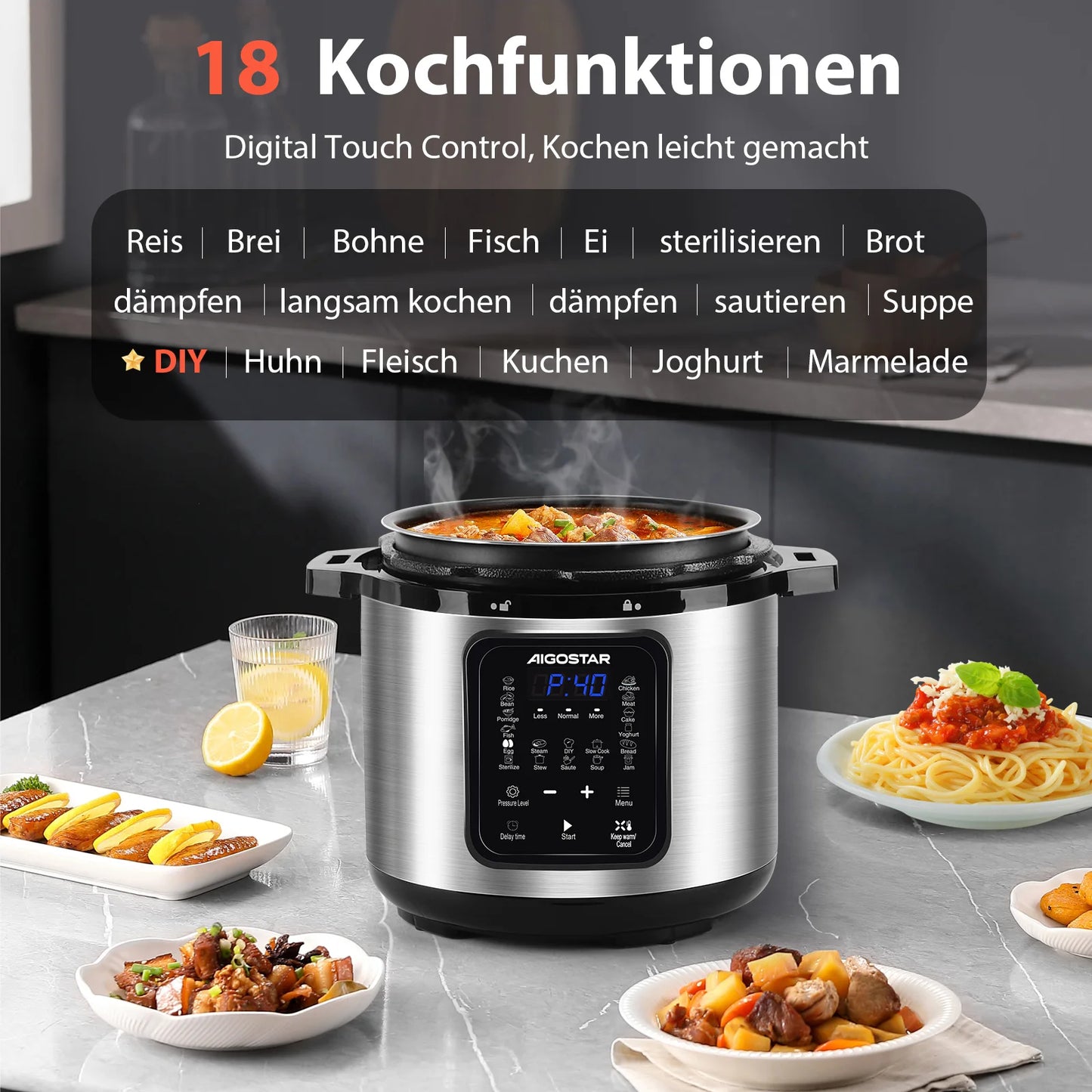 Aigostar Pressure Cooker 6L, 18-in-1 Multicooker, Keep Warm, Non-Stick Coating, Easy Cleaning, Digital Touchscreen, 1000W Pressu.