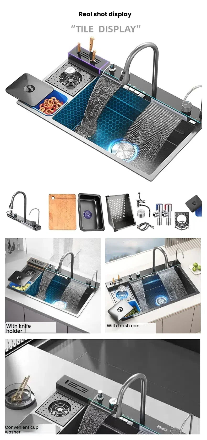 Large Single Slot Waterfall Stainless Steel Kitchen Sink With a Knife Holder and Trash Can Household Vegetable Washer Basin