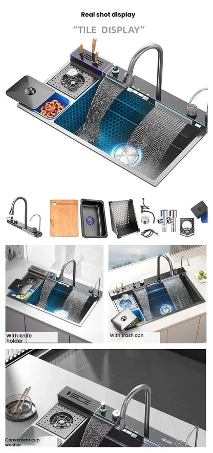 Smart Digital Display Waterfall Faucet Kitchen Sink With Knife Holder and Trash Can Household Wash Dish Basin Large Single Slot