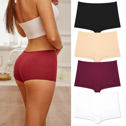 4PCS/Set Women Cotton Panties Sexy Low Rise Boyshorts Seamless Sports Boxers Female Comfortable Underwear Solid Color Lingerie.