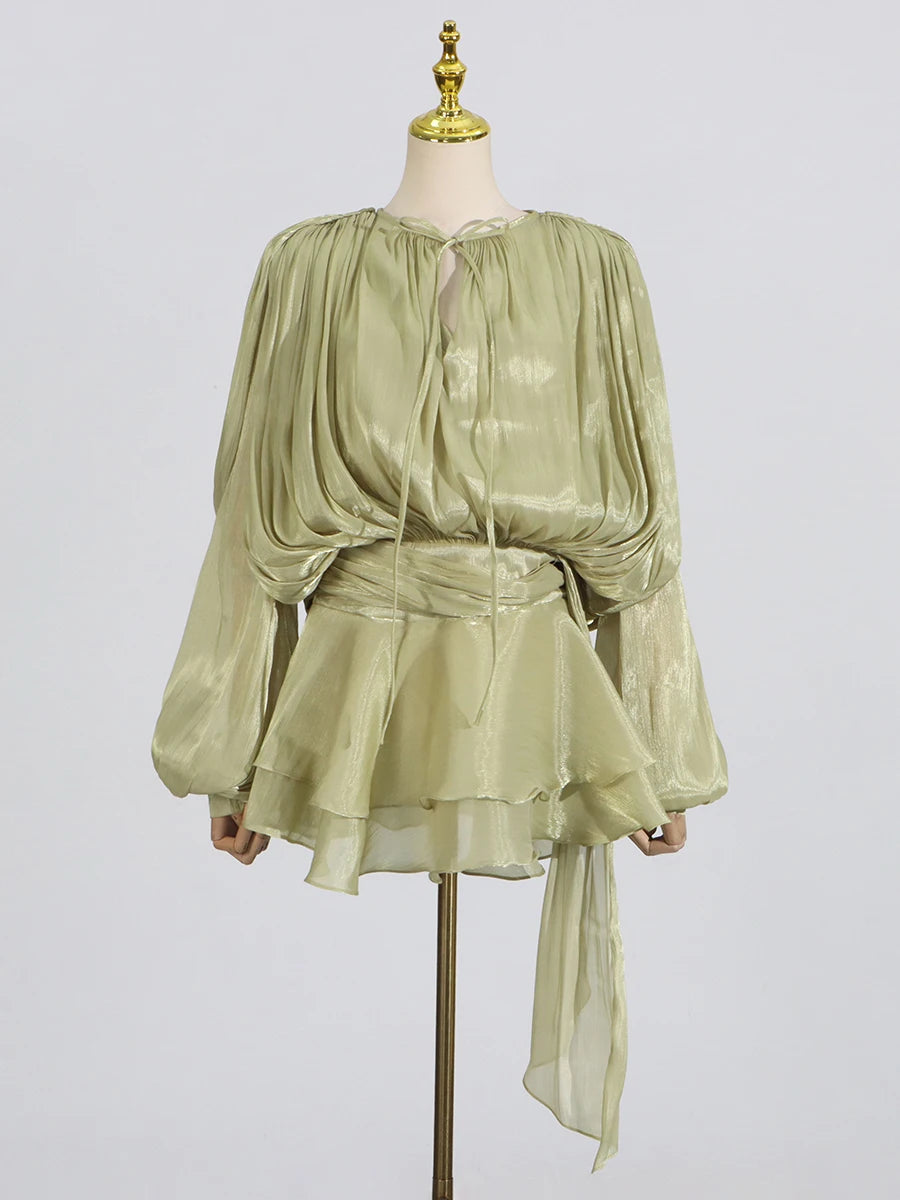 GALCAUR Solide Lose Splicd Lace Up Kleider Für Frauen V-ausschnitt Mit Langen Ärmeln Patchwork Rüschen Tunika Kleider Weibliche Mode Neue