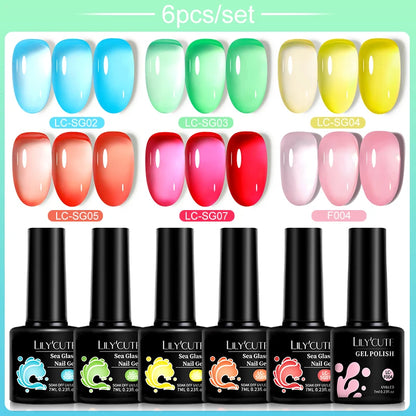 LILYCUTE 6Pcs 7ML Jelly Glass Gel Nail Polish Set Sea Blue Varnish Semi-transparent Nail Art Semi Permanent UV Gel Varnish.