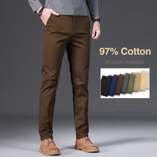 97% Cotton Men's Casual Pants Autumn Fashion Comfortable Elastic Slim Straight Business Trousers Black ArmyGreen Khaki.