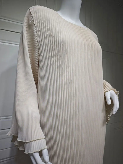 Siskakia Ramadan-Muslim Solid Wrinkle Dresses For Women's Dubai  Moroccan Petal Sleeve Abayas O-Neck Elegant Kebaya 2024