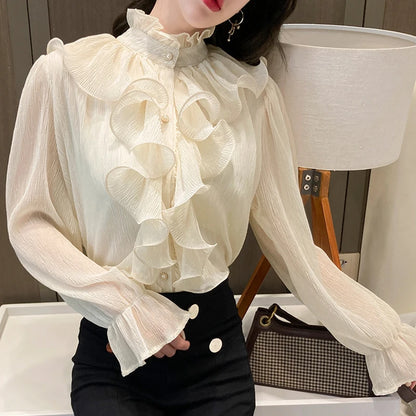Autumn Vintage Ruffles Clothes Lace Blouse Women Spring Stand Collar White Chiffon Shirt Long Puff Sleeve Loose Tops Elegant.