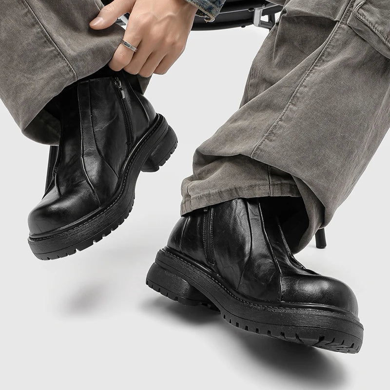 Autumn Winter Mens Ankle Boots Genuine Leather  Platform Chelsea Boots Street Style Male Motorcycle Boots High Top Walking Shoes.