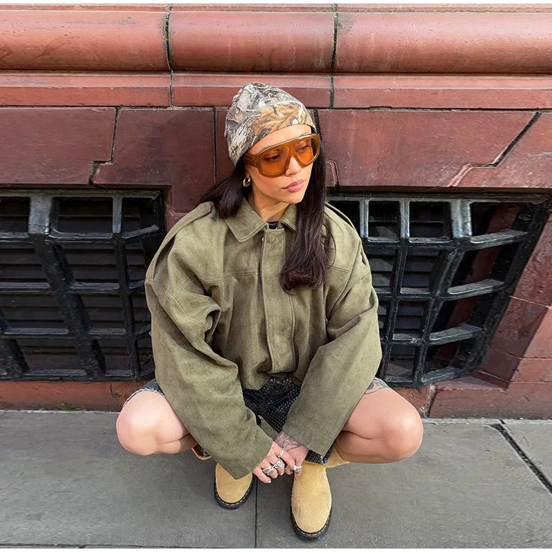 2025 herbst frauen Grün Wildleder Jacke Lose Revers Zipper Langarm Taschen Bomber Mantel Neue Mode Dame Dicke Streetwear.