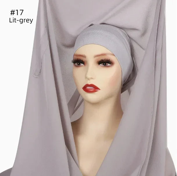 Chiffon Instant Hijab With Bulit-in Magnets Muslim Woman Hijab Solid Color Easy To Wear Shawl Wrap With Undercap Famme Headscarf