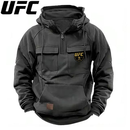 UFC Autumn Winter Men's Hooded Solid Hoodies Sweatshirts Sports Outdoor Casual Hoodie Coat Jackets Multi Pockets Male Zipper.