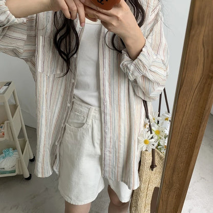 Vintage Office Lady Striped Shirt Spring Pocket Turn Down Collar Tops Korean Style Loose Long Sleeve Blouse Casual Women Clothes
