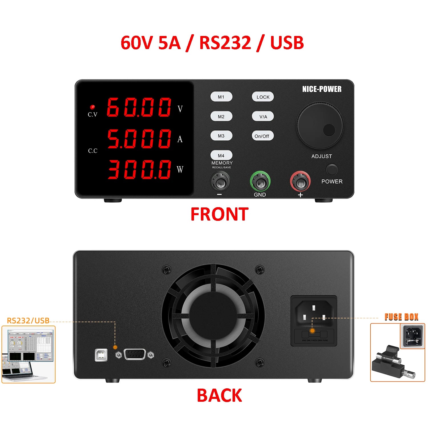 NICE-POWER DC Lab Power Supply 30V 10A 5A Adjustable Power Source For Phone Repairing RS232 USB PC Software Control Data Memory.