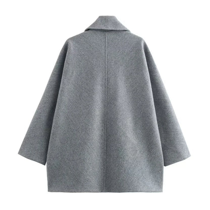 ZBZA Damen Schräge Knopf Lose Fledermausärmel Jacke Mantel Revers Langarm Doppeltasche Warm Solide Farbe Vintage Oberbekleidung Herbst Winter Neue Weibliche Chic Mantel