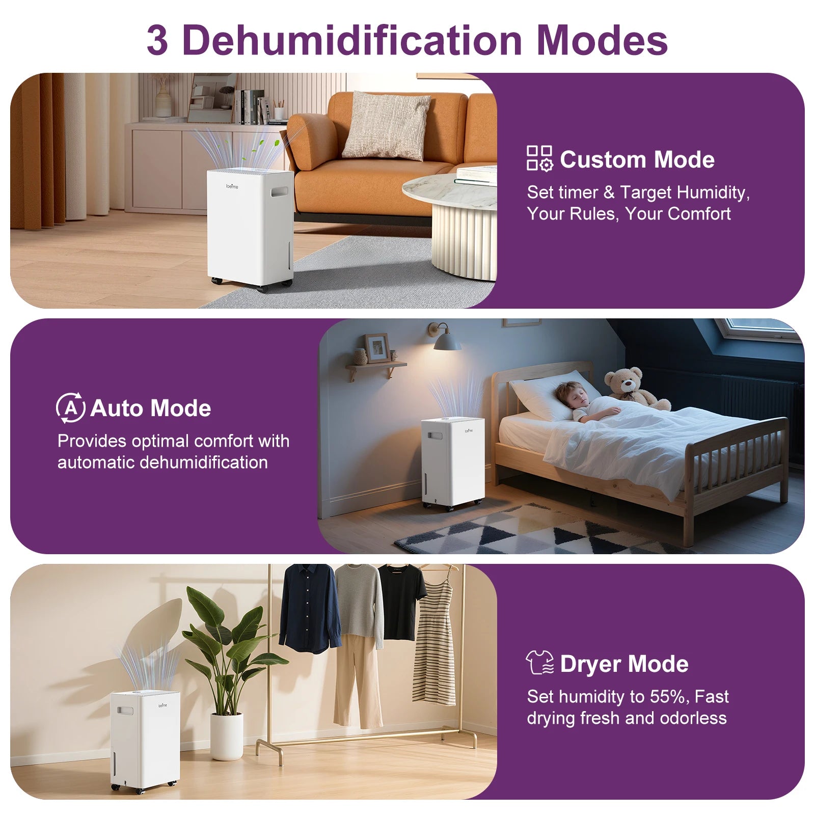 LOEFME 8L Electric Dehumidifier with Automatic Humidity Sensor & Display 24Hr Timer, Laundry Drying, Continuous Drainage 1m & 3m.