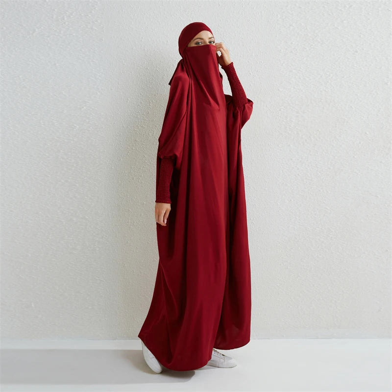Muslimische Abaya mit Kapuze, Smockärmel, einteiliges Gebetskleid, Damen, Jilbab, islamische Kleidung, Dubai, Saudi-Arabien, schwarze Robe, türkische Bescheidenheit.