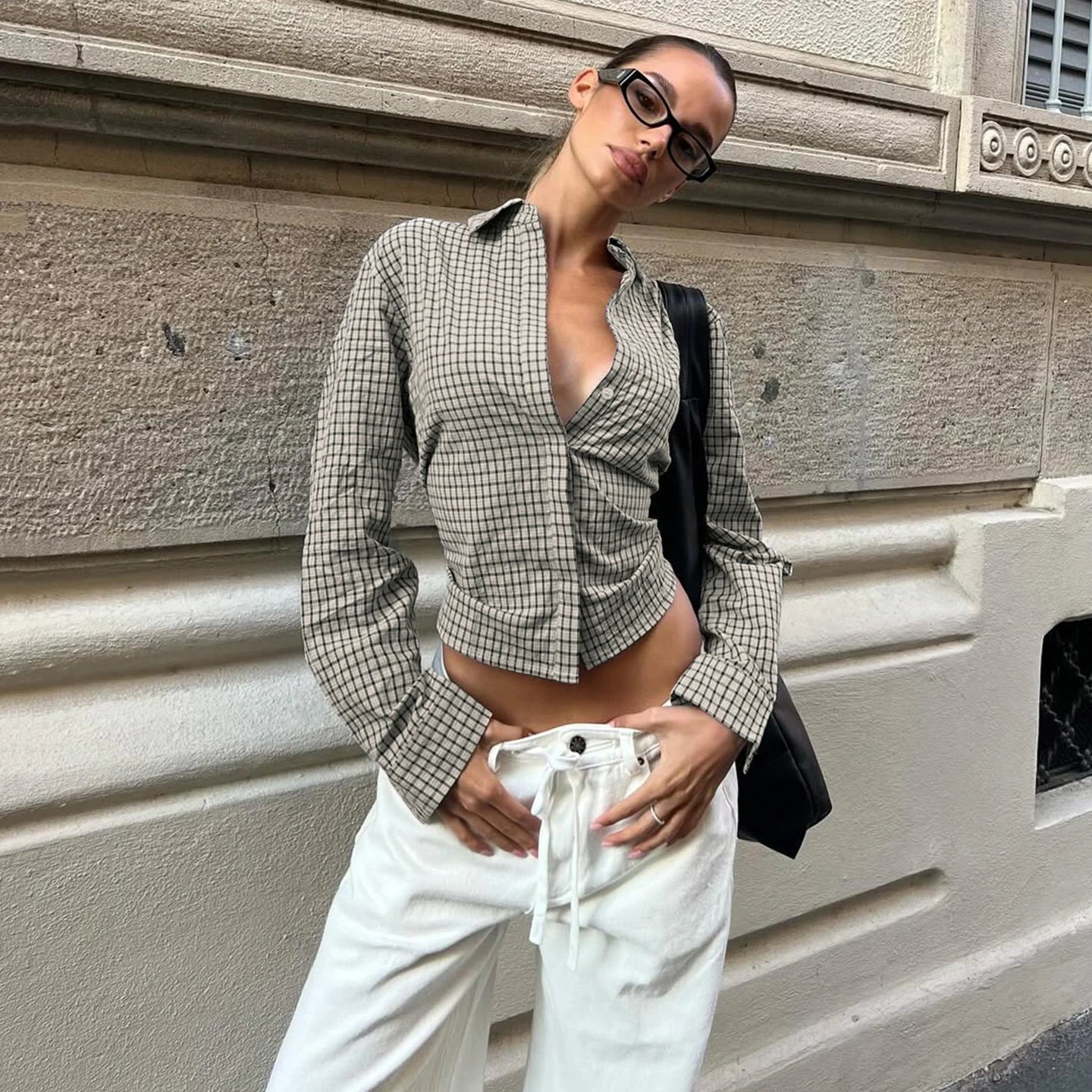 2025 Autumn Winter Women Vintage Long Sleeve Checkered Shirt Design Crop Blouse Y2k 2000s Top Stylish High Street Gyaru Coquette.