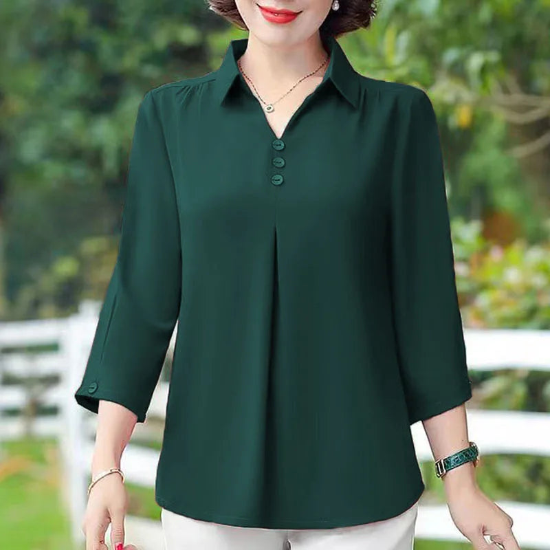 1pcs Woman Summer Solid Blouses Shirt Lady Thin Pullover Shirt Female Casual Half Sleeve Turn-down Collar Loose Top Mom Clothing.