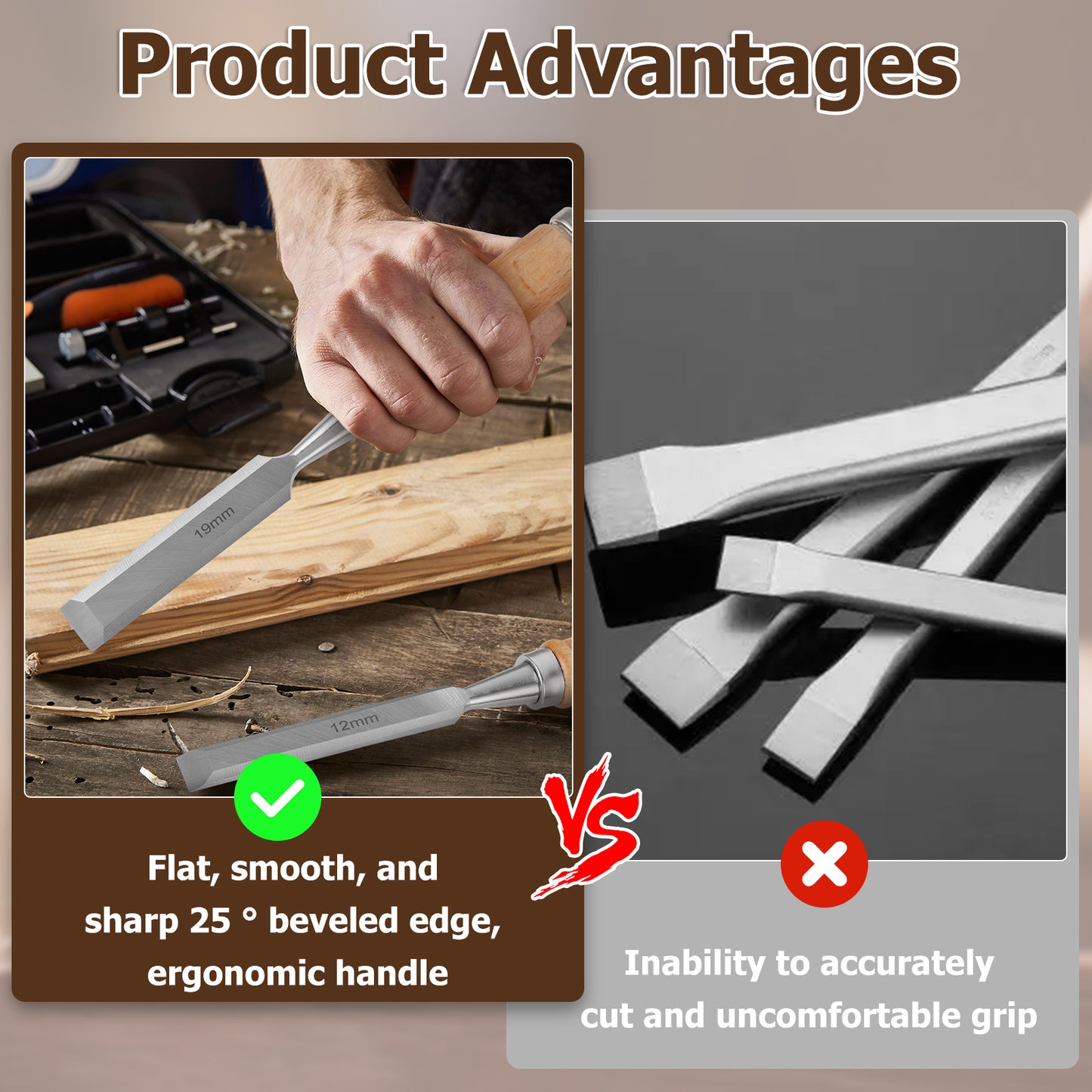 4-teiliges Holzmeißel-Set, scharfe Chrom-Vanadium-Stahl-Holzschnitzmeißel mit Griffen aus Buche, ergonomische Holzschnitzwerkzeuge