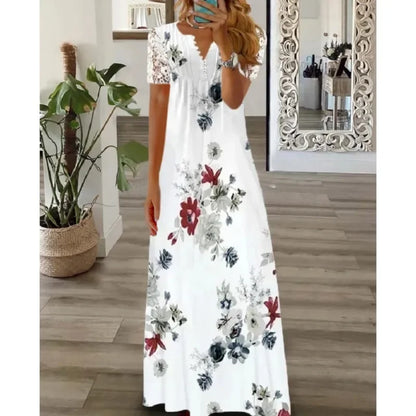 Frühjahr/Sommer Mode frauen Kurzarm Gedruckt Spitze Kleider Elegante frauen Weiß V-ausschnitt Slim Fit Party Lange vestidos.