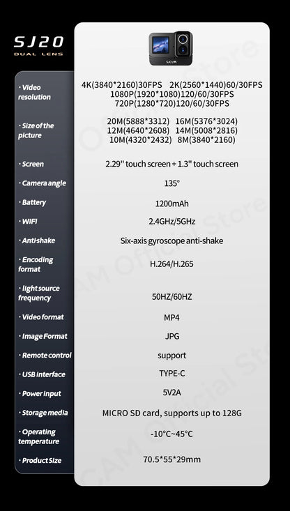 SJCAM SJ20 4K Anti-Shake Action Camera Dual Lens Waterproof 5G WiFi Touch Screen Motion Detection Multifunctional Sports Cam