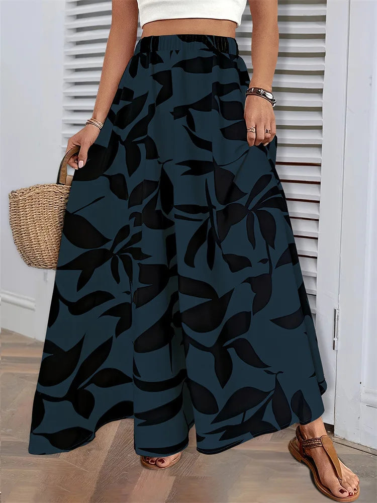 Fairyshely Casual Leaf Print Long Skirt For Women 2025 Summer Ruffle High Waist Maxi Skirt Ladies Elegant A line Pleated Skirt.