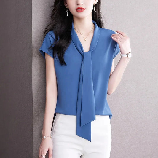 Bow Tie Blouse Shirt for Women OL Elegant Blouses Satin Womens Tops Silk Female Clothing 2023 Korean Fashion Short Sleeve Blouse.