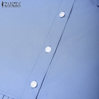 2025 ZANZEA Autumn Maxi Long Dress Women Elegant Long Sleeve Solid Pleated Sundress Patchwork Dresses Muslim Abaya Robe Femme