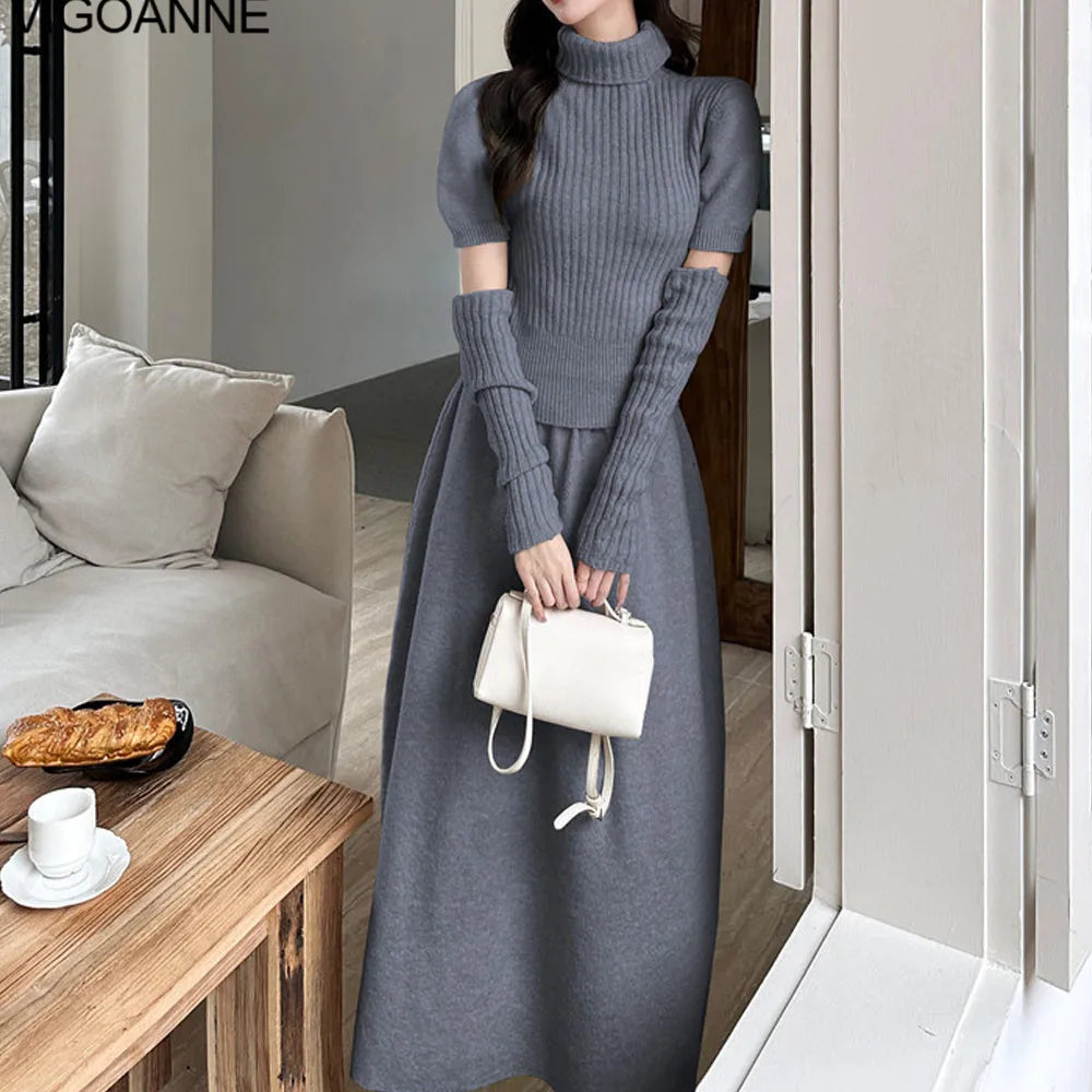 VigoAnne Spring Autumn 2025 Turtleneck Knit Woman 2 Piece Set Casual Solid High Waist Skirts Suits Korean Lady Long Dress Suit