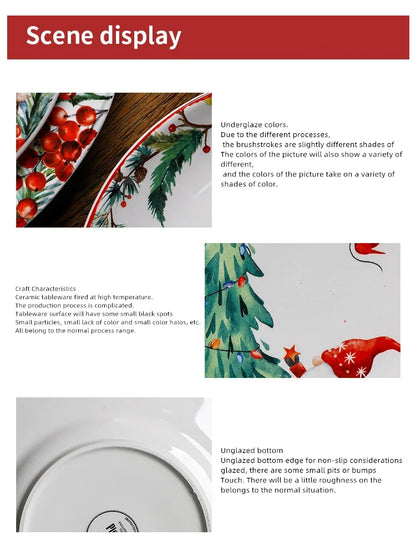 Christmas Ceramic Dinner Plate Set Household Underglaze Flat Round Dim Sum Decorative  Sushi.