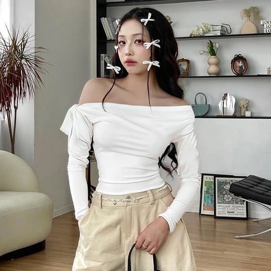 CUTENOVA Fall New Arrival Women Gathered One-Shoulder Twisted Tie-Front Asymmetrical Long-Sleeve T-Shirt Simple Casual Sweet Top.