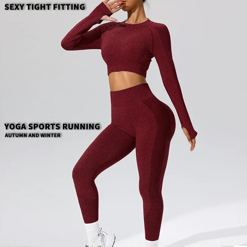 Autumn Winter Yoga Fitness Sportswear Long Sleeve Women's Top And Bottoms Quick Dry Set Finger Snap Gymnastics Outfit.