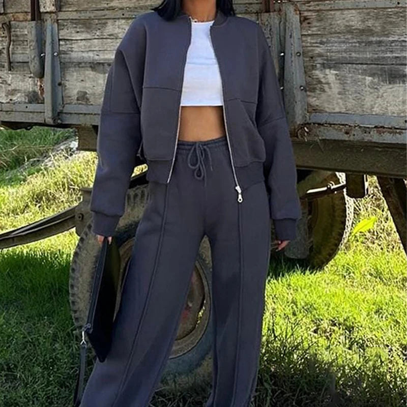 BKLD 2025 Casual Women's Tracksuit Sets Zip-up Loose Cropped Cardigan+Drawstring Sweatpants Solid Fashion Running Street Outfits.