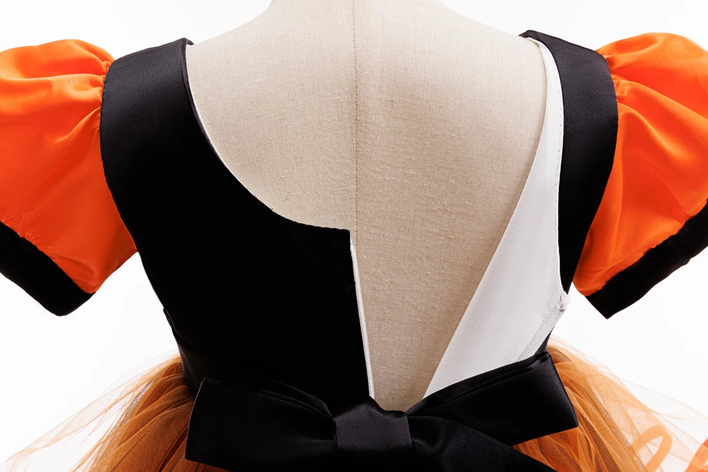 Orangefarbenes Halloween-Kinderkleid für 2–10 Jahre, Polyestermaterial, Puffärmel und mehrlagiger Tüllrock, süße Prinzessinnenkleidung.