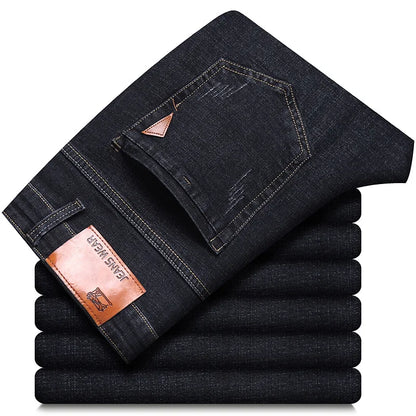 Autumn Classic Men's Fitted Stretch Jeans Business Casual Cotton Denim Straight Leg Pants Male Black Blue Trousers.