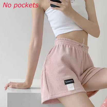 2025 Waffle Women's Shorts High Waist Black Shorts Casual Aesthetic Elastics Hot Pants Loose Summer Women's Clothing Bottoms
