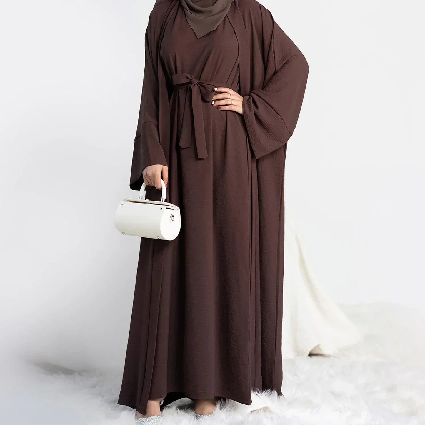 Muslim Woman Set 2 Piece Abaya Kimono with Sleeveless Inner Dress Simple Matching Outfits Dubai Turkey Casual Islamic Clothing