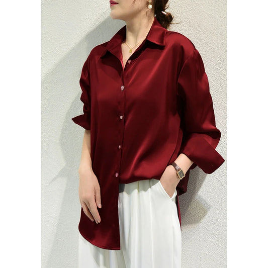 Luxury Satin Finish Shirts And Blouses For Women Clothes Casual Top OL Long Sleeve Single Breasted Elegant French Solid Blouses.