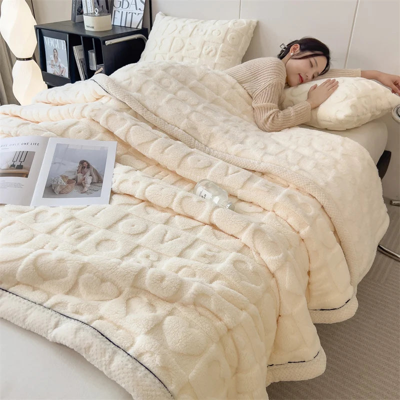 Heart Pattern Coral Fleece Blanket Autumn Winter Double Layer Thicken Warm Plush Blanket for Bed Fluffy Soft Sofa Throw Blankets