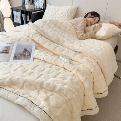 Heart Pattern Coral Fleece Blanket Autumn Winter Double Layer Thicken Warm Plush Blanket for Bed Fluffy Soft Sofa Throw Blankets